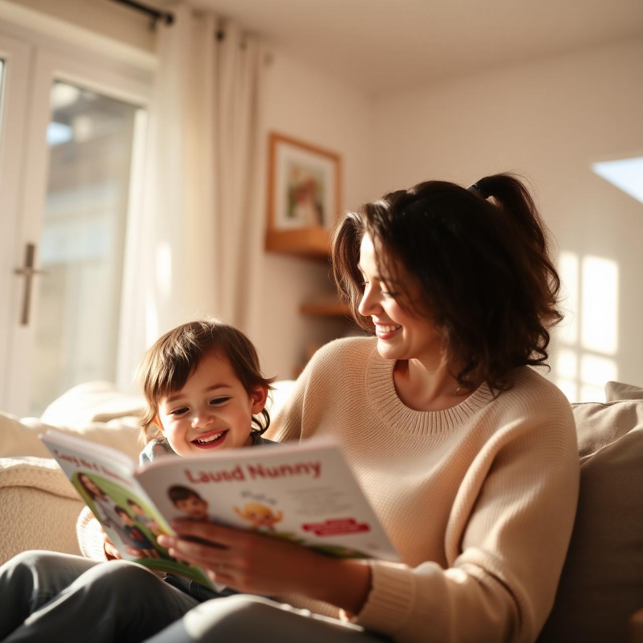 A warm nanny reading a picture book with a smiling toddler